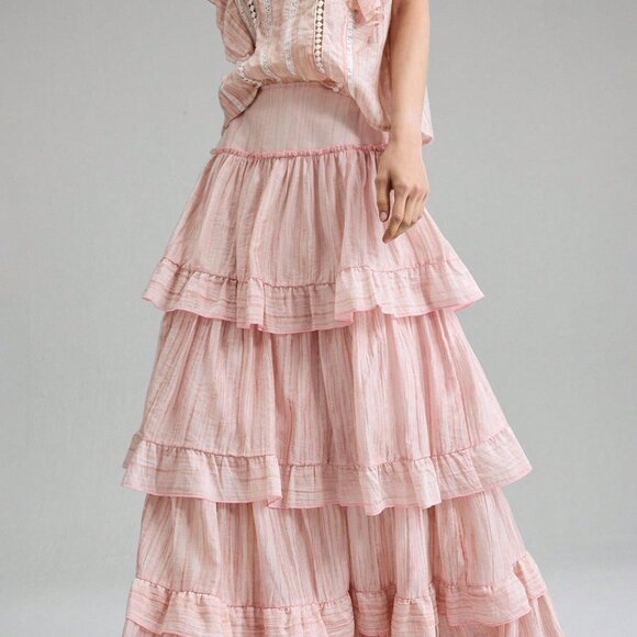 Pink Casual Ruffled Women's Elegant Multi-Layer Ruffled Skirt - Picture 3 of 6
